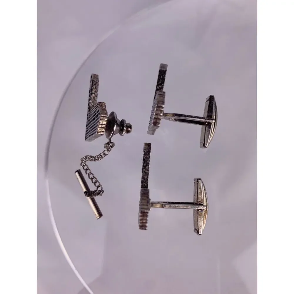 Architecture Office Building Silver Tone Cufflinks & Tie Pin Tower Vintage K1